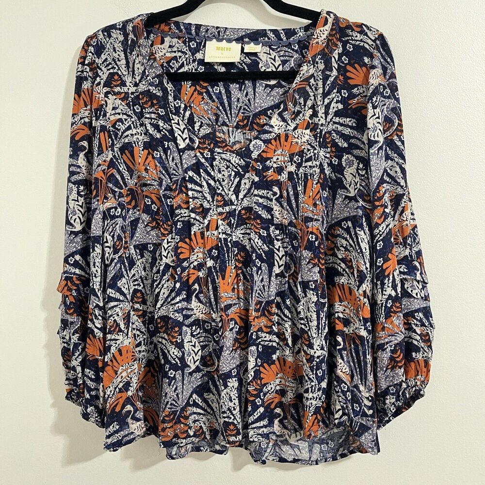 Anthropologie Maeve Cathy Pleated Blouse Size S Blue Bubble Sleeve Abstract Top